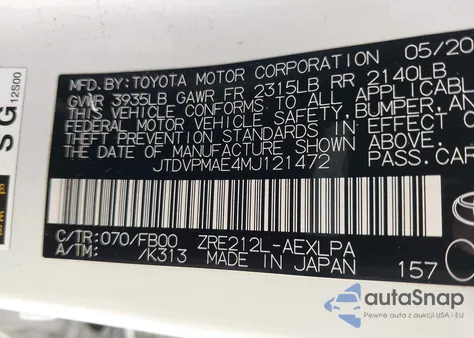 2021 Toyota Corolla Le z USA, uszkodzony, nr VIN JTDVPMAE4MJ121472